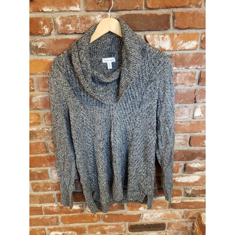 Calvin Klein Womens Cowl Neck Black White Chunky Knit Sweater Size L